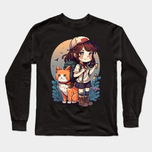 Girl & Orange Cat Kawaii Anime Floral Cat Lover Long Sleeve T-Shirt